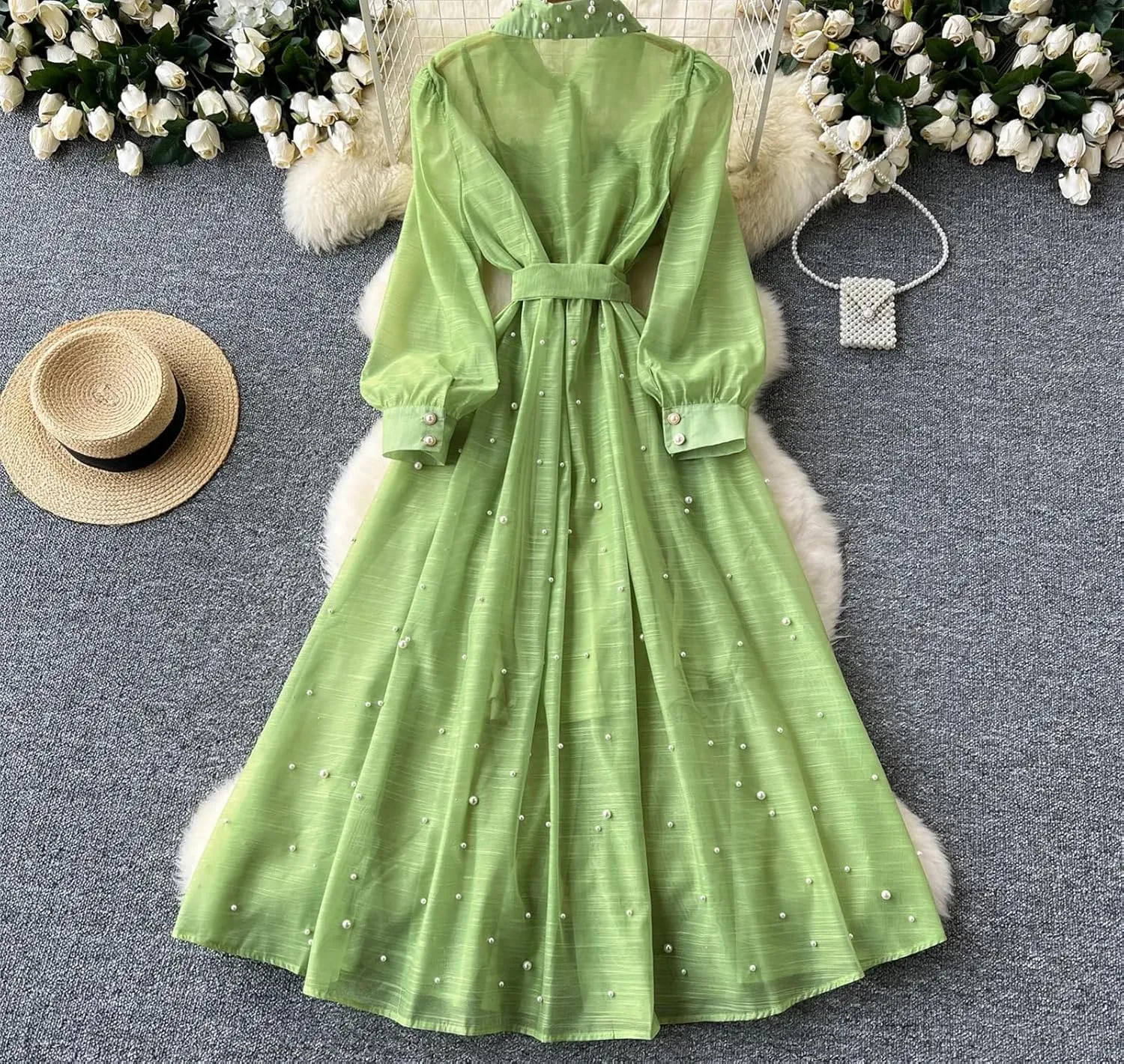 Elegant Embroidered Bead Vintage Single Breasted Lantern Sleeve Bandage Dresses Straps Dress Women