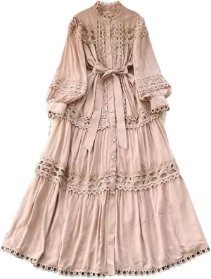 Elegant Long Maxi Hollow Out Dress Shirt Women Summer Button Embroidery Evening Party Dress