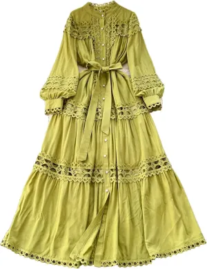 Elegant Long Maxi Hollow Out Dress Shirt Women Summer Button Embroidery Evening Party Dress