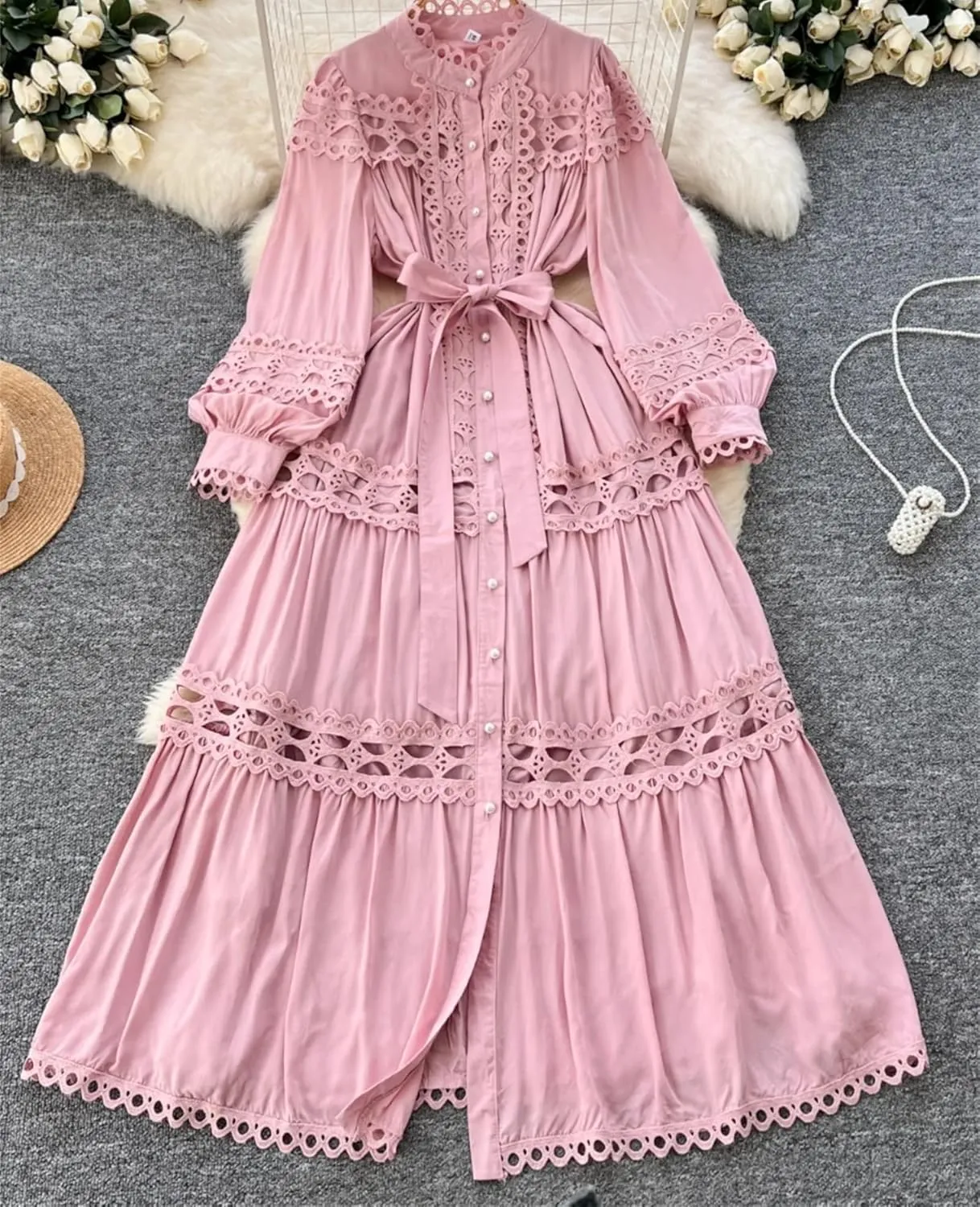 Elegant Long Maxi Hollow Out Dress Shirt Women Summer Button Embroidery Evening Party Dress
