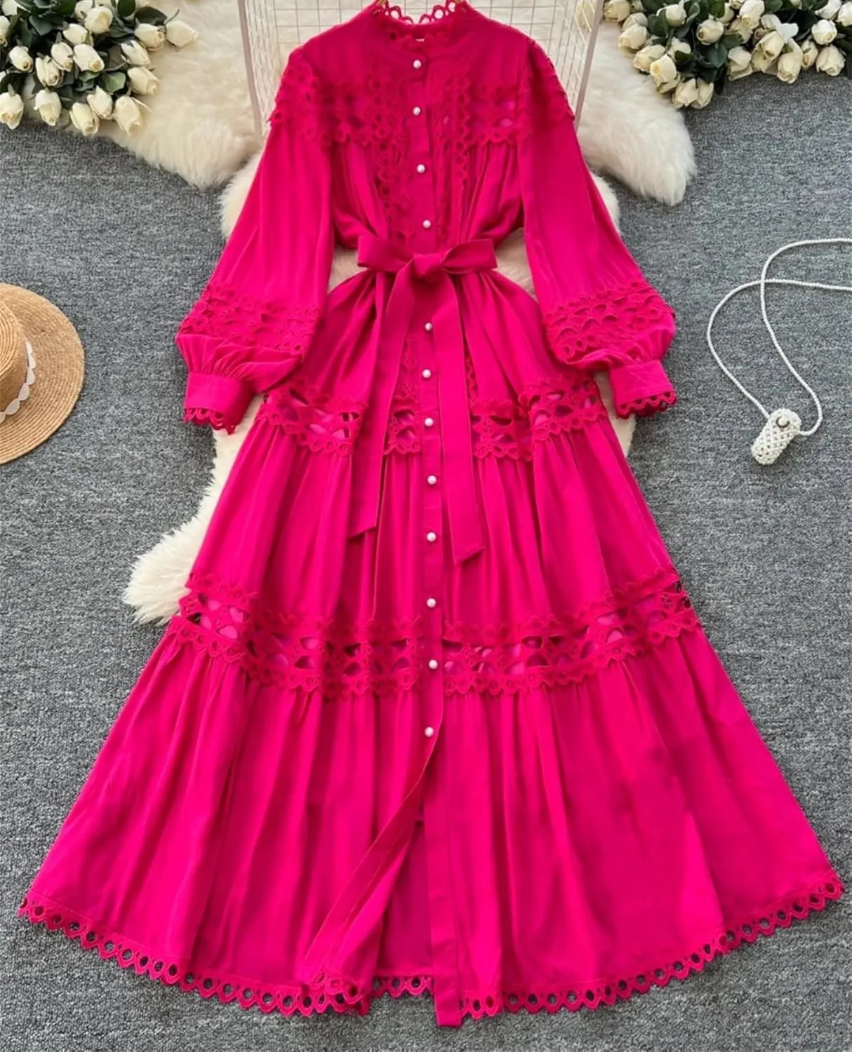 Elegant Long Maxi Hollow Out Dress Shirt Women Summer Button Embroidery Evening Party Dress