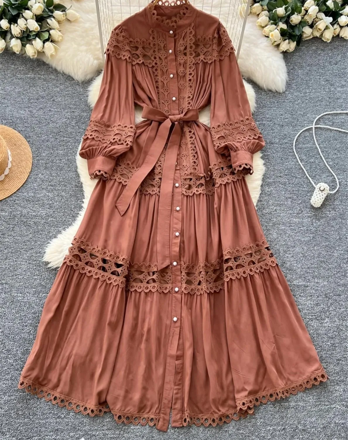Elegant Long Maxi Hollow Out Dress Shirt Women Summer Button Embroidery Evening Party Dress