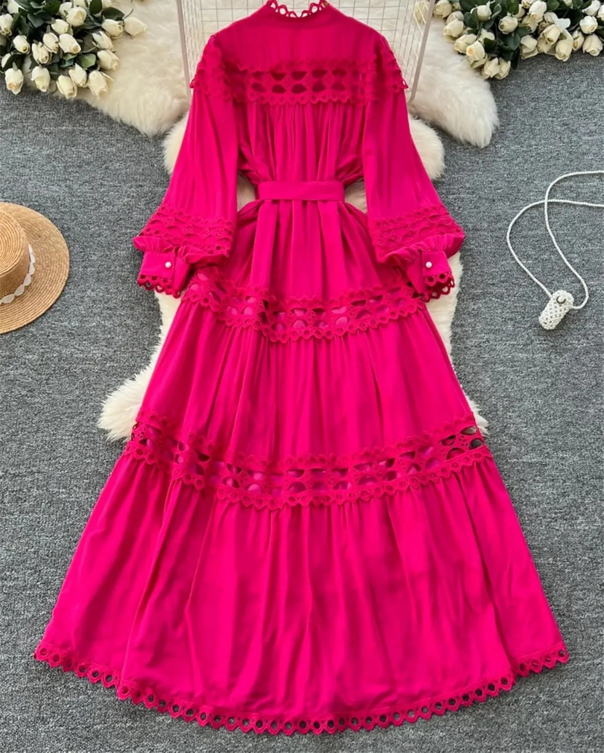Elegant Long Maxi Hollow Out Dress Shirt Women Summer Button Embroidery Evening Party Dress