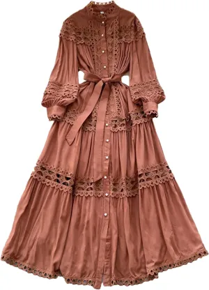 Elegant Long Maxi Hollow Out Dress Shirt Women Summer Button Embroidery Evening Party Dress