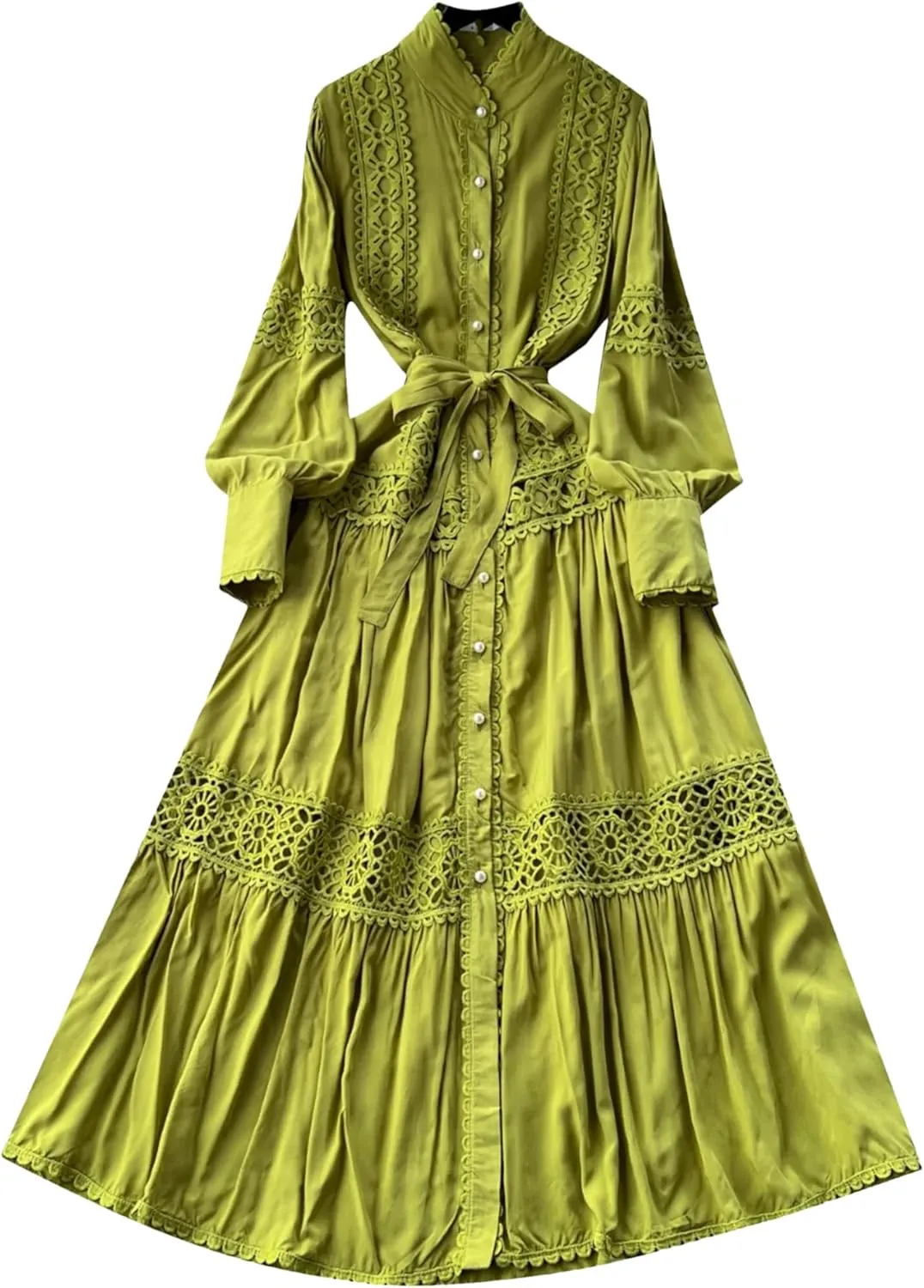 Elegant Long Sleeve Autumn Dress Women Lace Patchwork Button Single Breast Belt A Line Loose Party Dress