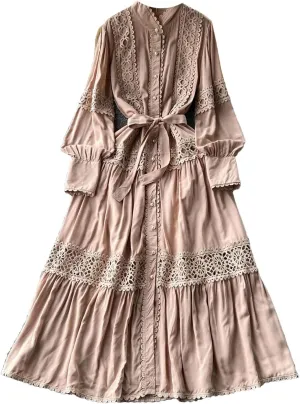 Elegant Long Sleeve Autumn Dress Women Lace Patchwork Button Single Breast Belt A Line Loose Party Dress