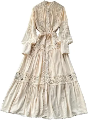 Elegant Long Sleeve Autumn Dress Women Lace Patchwork Button Single Breast Belt A Line Loose Party Dress
