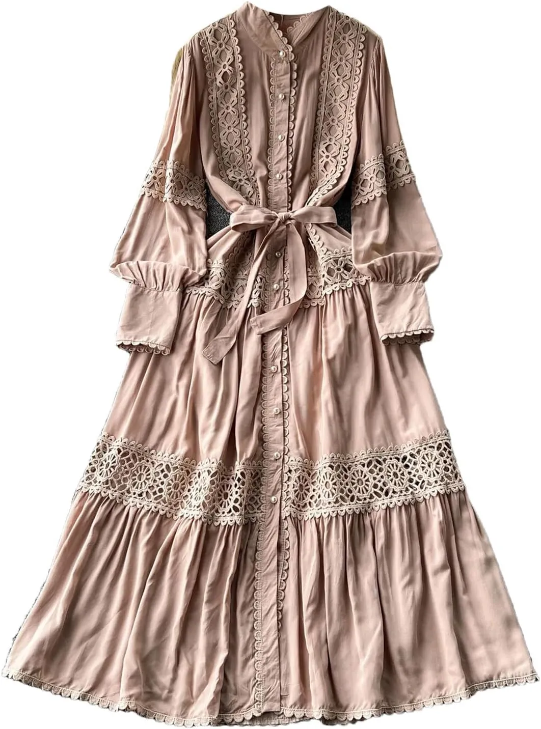 Elegant Long Sleeve Autumn Dress Women Lace Patchwork Button Single Breast Belt A Line Loose Party Dress