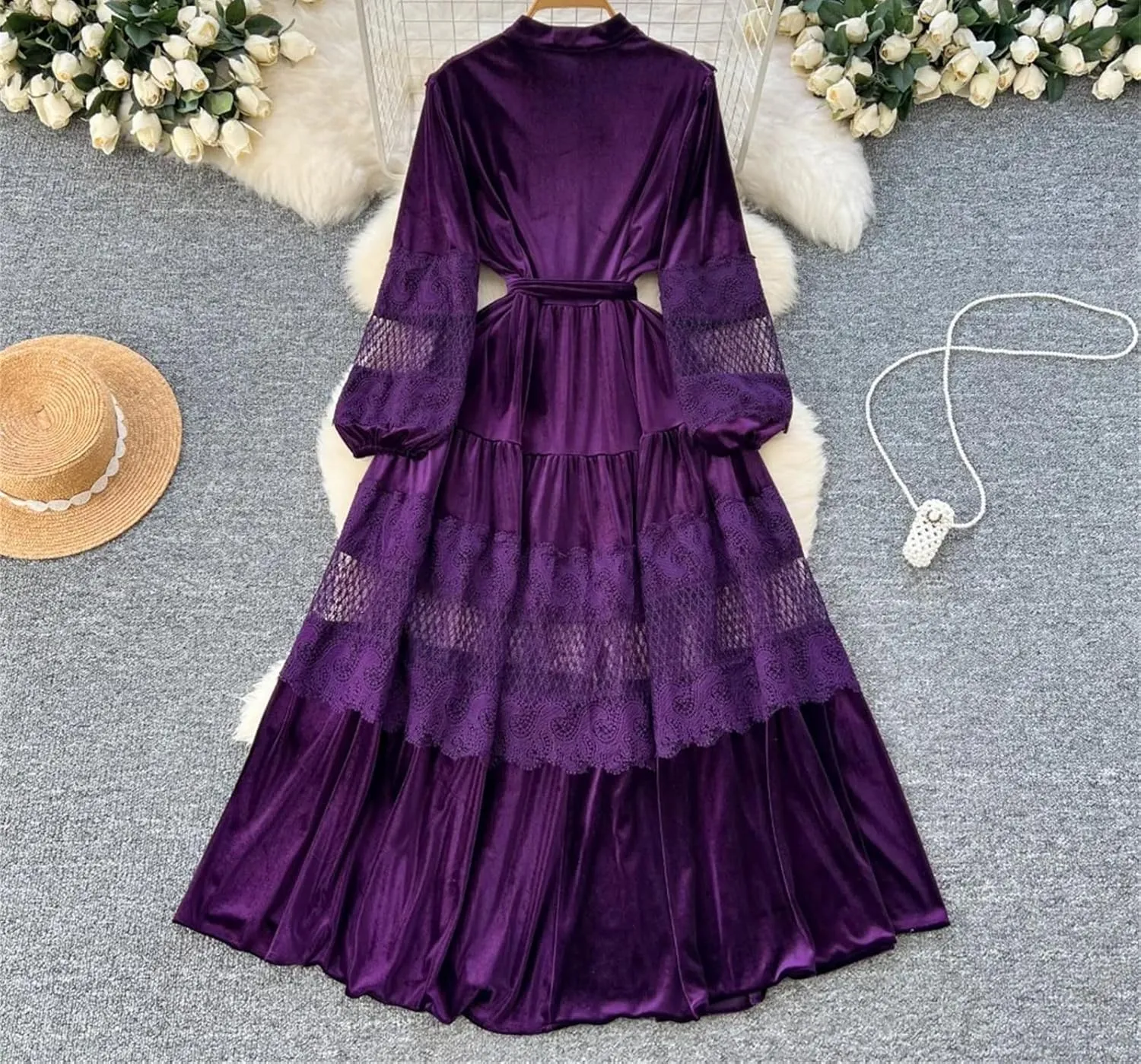 Elegant Mesh Hollow Out Single Breasted Vintage Puff Sleeves Bandage Ruffle Slim Dresses