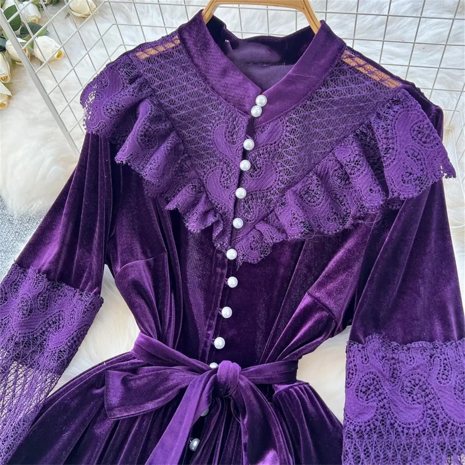 Elegant Mesh Hollow Out Single Breasted Vintage Puff Sleeves Bandage Ruffle Slim Dresses