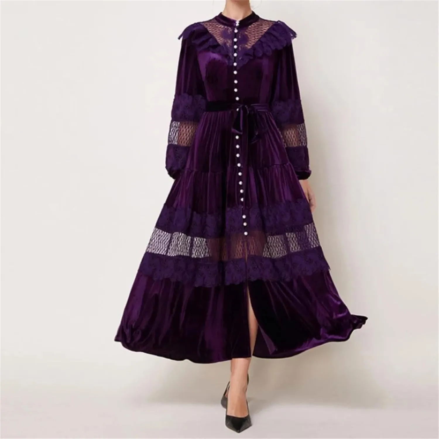 Elegant Mesh Hollow Out Single Breasted Vintage Puff Sleeves Bandage Ruffle Slim Dresses