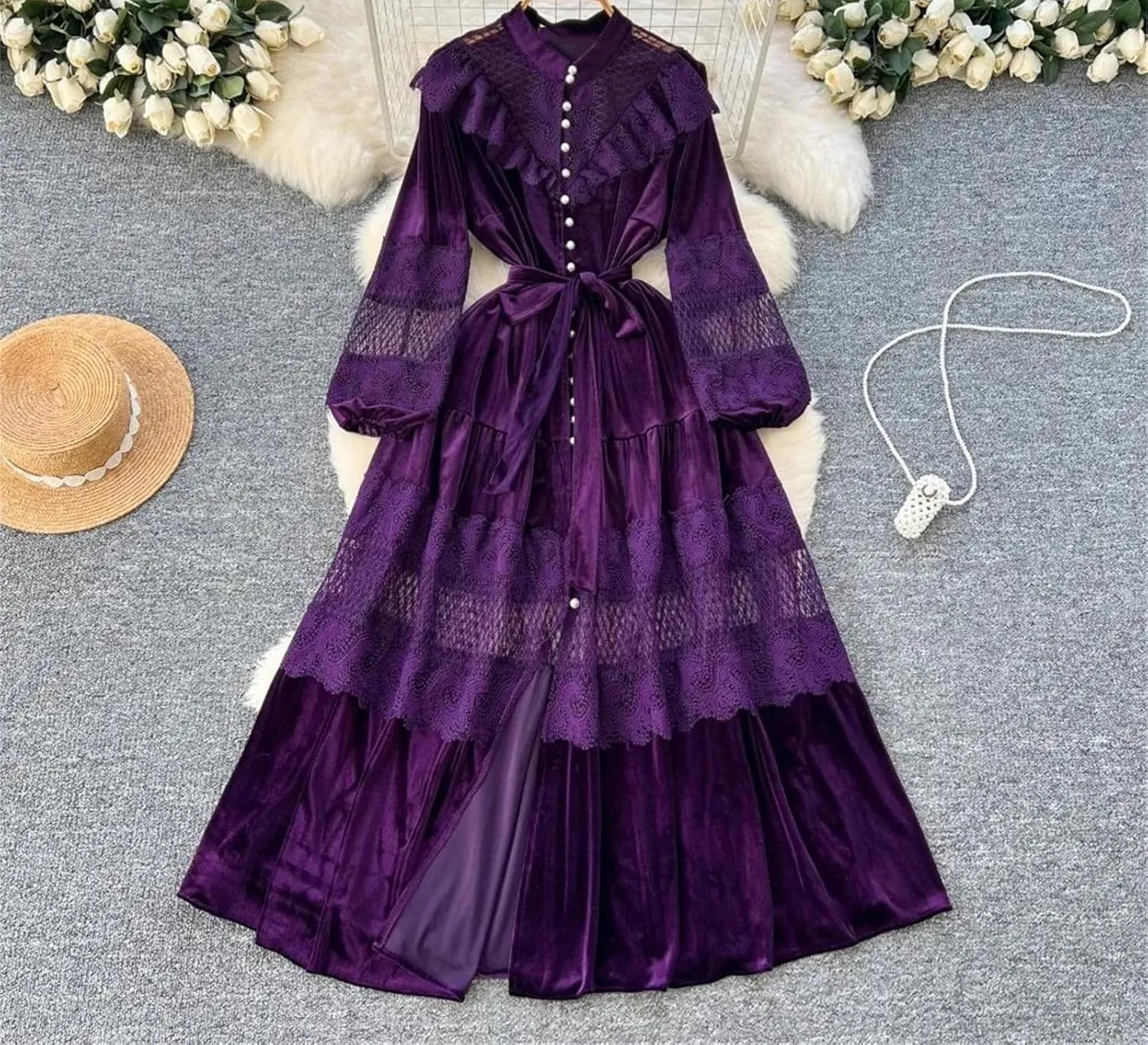 Elegant Mesh Hollow Out Single Breasted Vintage Puff Sleeves Bandage Ruffle Slim Dresses