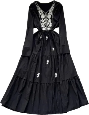 Elegant V-Neck Embroidered Lace-Up Vintage Long Sleeves Slim Long Dresses French Evening Party Women Clothing
