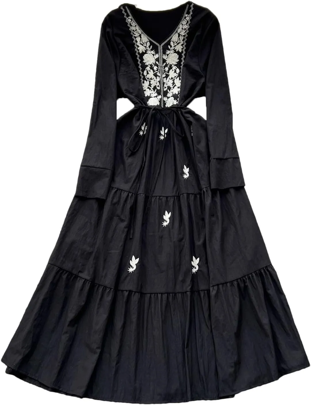 Elegant V-Neck Embroidered Lace-Up Vintage Long Sleeves Slim Long Dresses French Evening Party Women Clothing