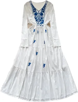 Elegant V-Neck Embroidered Lace-Up Vintage Long Sleeves Slim Long Dresses French Evening Party Women Clothing