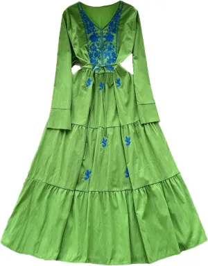Elegant V-Neck Embroidered Lace-Up Vintage Long Sleeves Slim Long Dresses French Evening Party Women Clothing