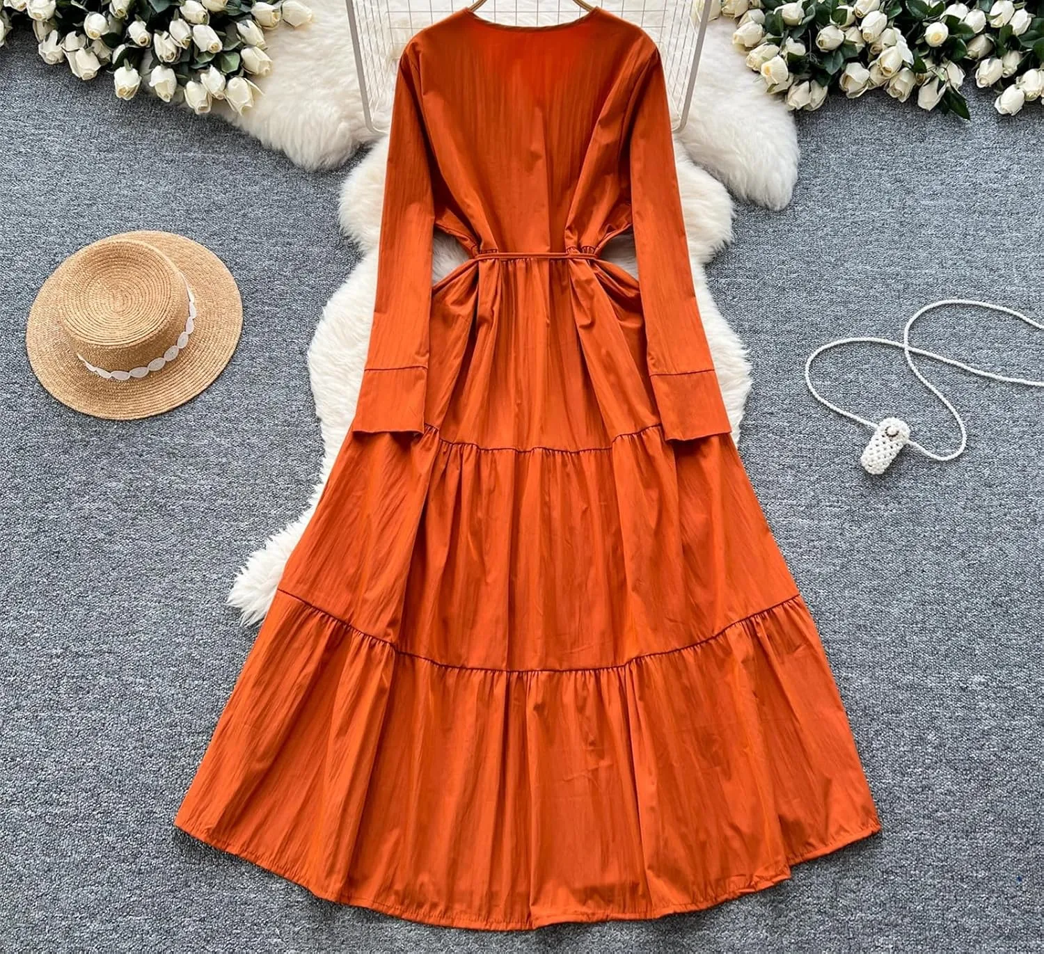Elegant V-Neck Embroidered Lace-Up Vintage Long Sleeves Slim Long Dresses French Evening Party Women Clothing