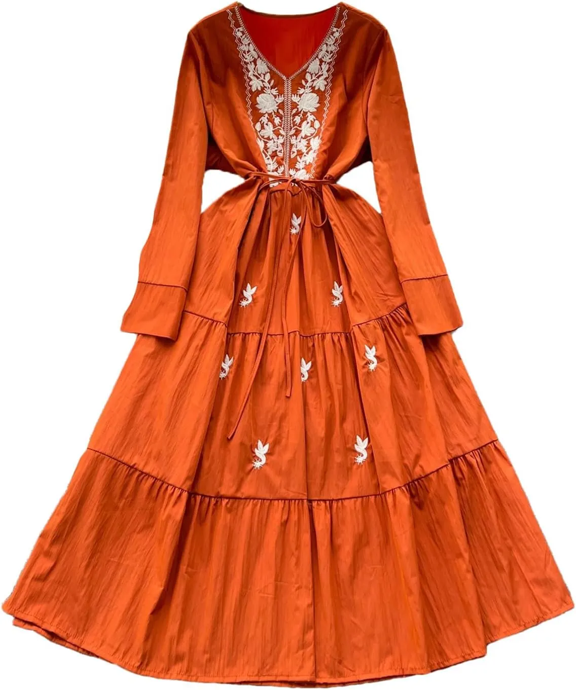Elegant V-Neck Embroidered Lace-Up Vintage Long Sleeves Slim Long Dresses French Evening Party Women Clothing