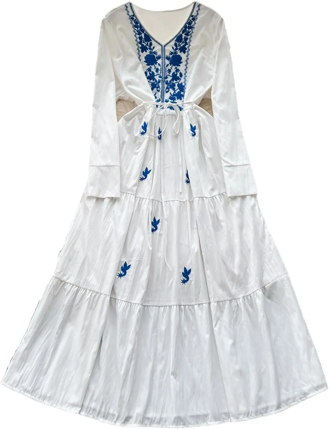 Elegant V-Neck Embroidered Lace-Up Vintage Long Sleeves Slim Long Dresses French Evening Party Women Clothing