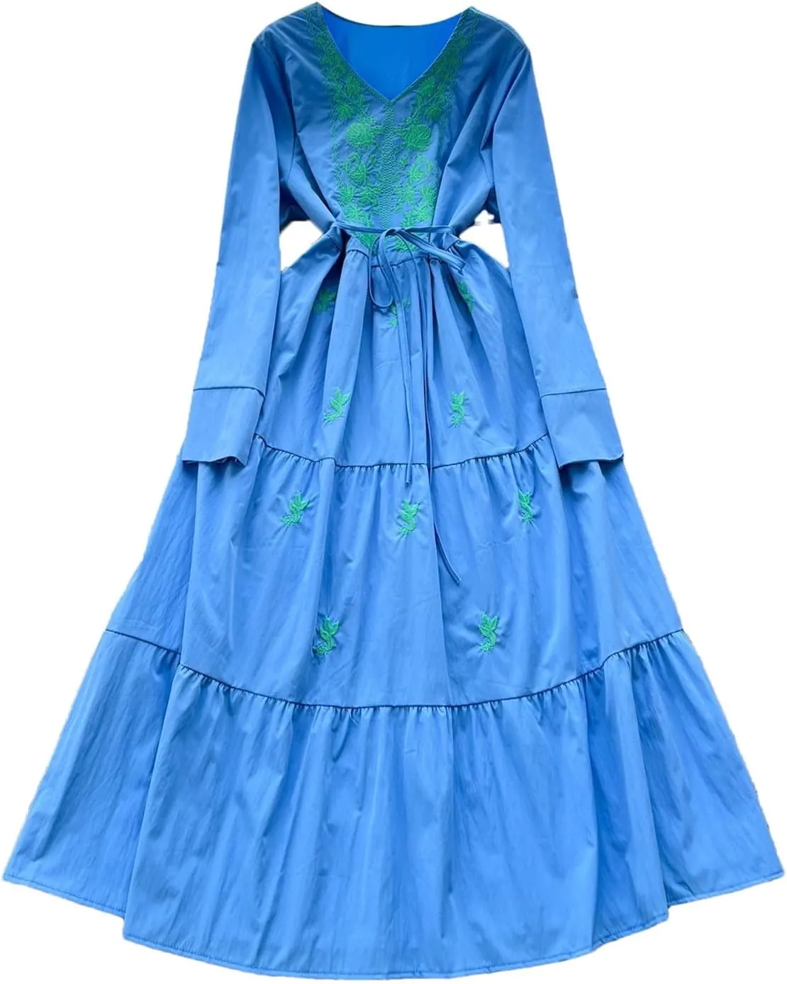 Elegant V-Neck Embroidered Lace-Up Vintage Long Sleeves Slim Long Dresses French Evening Party Women Clothing