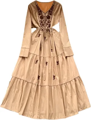 Elegant V-Neck Embroidered Lace-Up Vintage Long Sleeves Slim Long Dresses French Evening Party Women Clothing