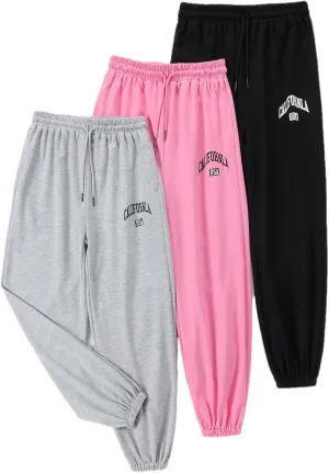 EXARUS 3 Pack Girls Sweatpants Letter Graphic Print with Pockets Sweat Pants High Waisted Cute Joggers 6-14Y