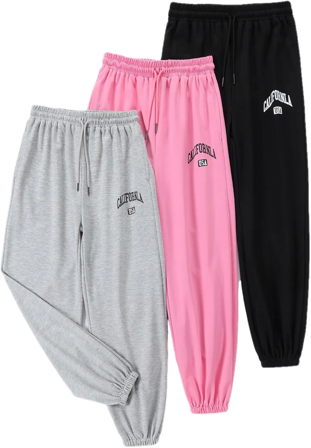 EXARUS 3 Pack Girls Sweatpants Letter Graphic Print with Pockets Sweat Pants High Waisted Cute Joggers 6-14Y