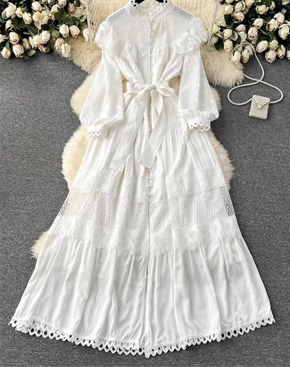 Fashion Lace Ruffles Long Dress for Women Casual Hollow Out Stand Full Sleeve Lace-Up Single Breasted Dresses