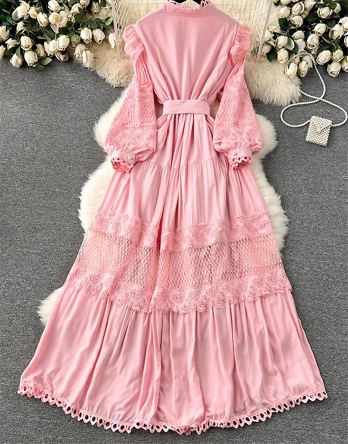 Fashion Lace Ruffles Long Dress for Women Casual Hollow Out Stand Full Sleeve Lace-Up Single Breasted Dresses