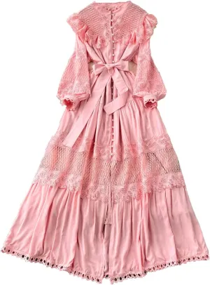 Fashion Lace Ruffles Long Dress for Women Casual Hollow Out Stand Full Sleeve Lace-Up Single Breasted Dresses