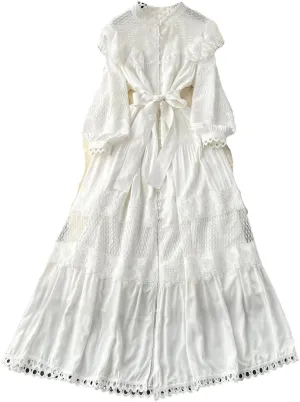 Fashion Lace Ruffles Long Dress for Women Casual Hollow Out Stand Full Sleeve Lace-Up Single Breasted Dresses