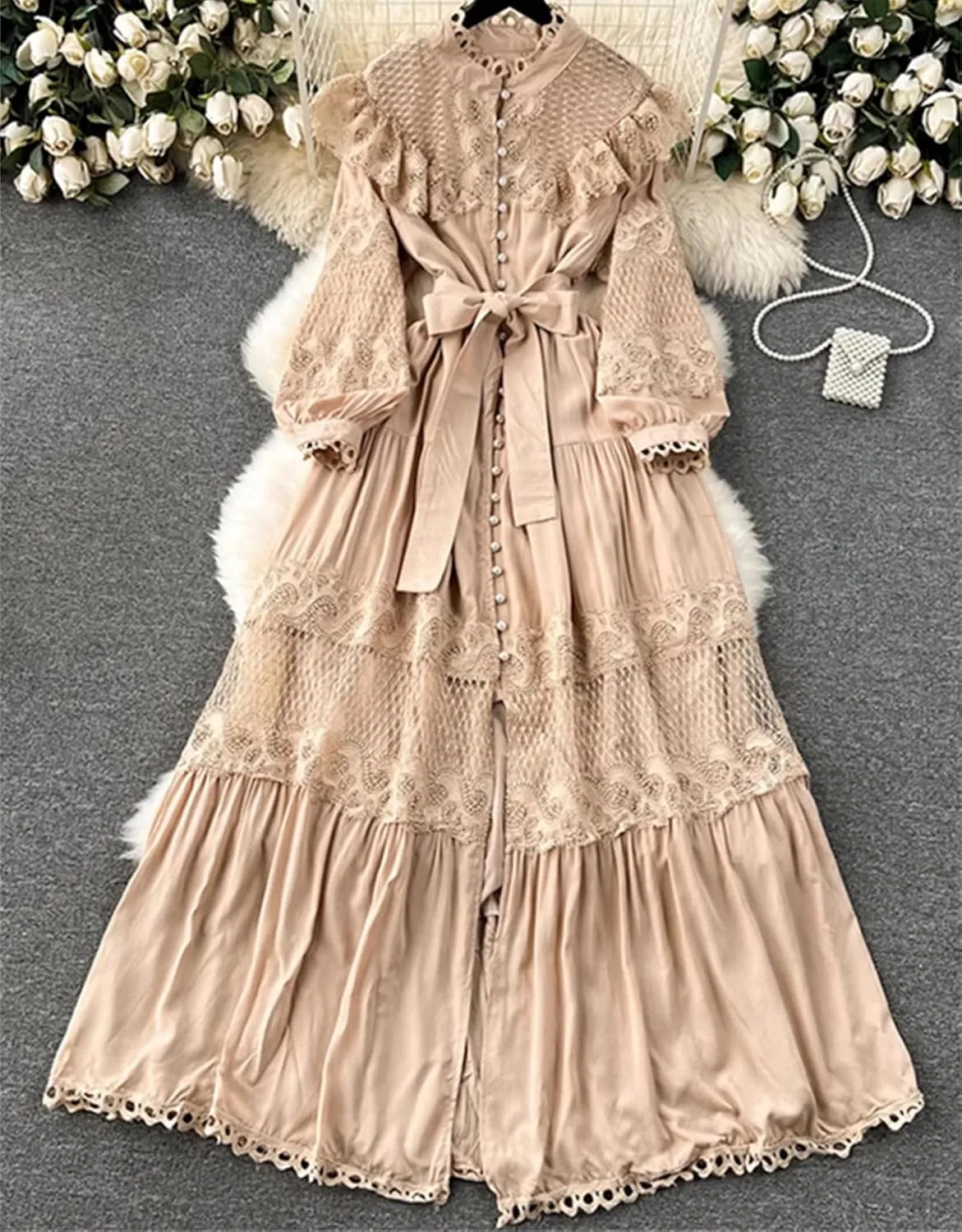 Fashion Lace Ruffles Long Dress for Women Casual Hollow Out Stand Full Sleeve Lace-Up Single Breasted Dresses