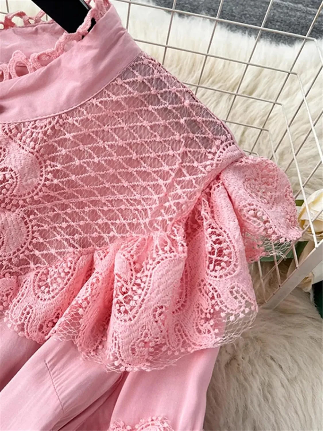 Fashion Lace Ruffles Long Dress for Women Casual Hollow Out Stand Full Sleeve Lace-Up Single Breasted Dresses