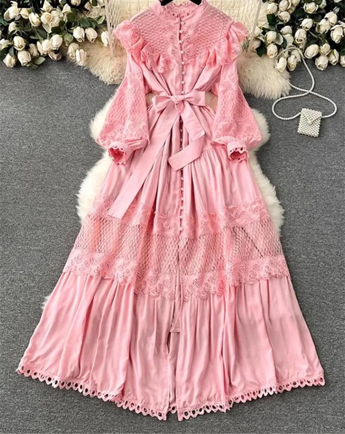 Fashion Lace Ruffles Long Dress for Women Casual Hollow Out Stand Full Sleeve Lace-Up Single Breasted Dresses