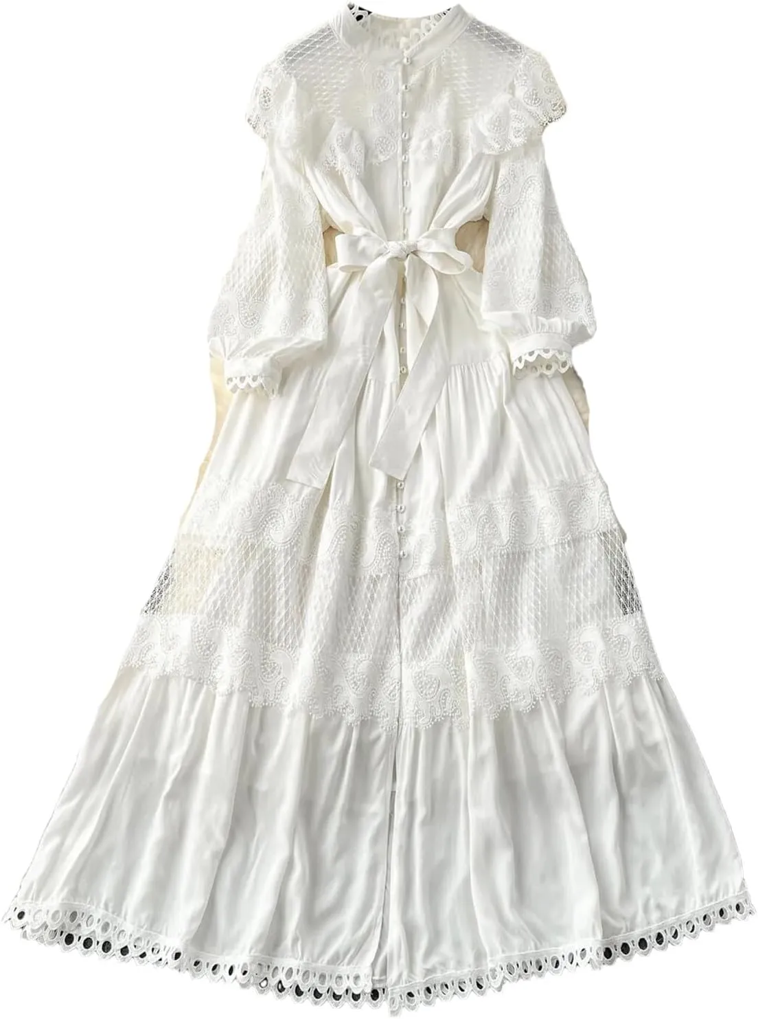 Fashion Lace Ruffles Long Dress for Women Casual Hollow Out Stand Full Sleeve Lace-Up Single Breasted Dresses