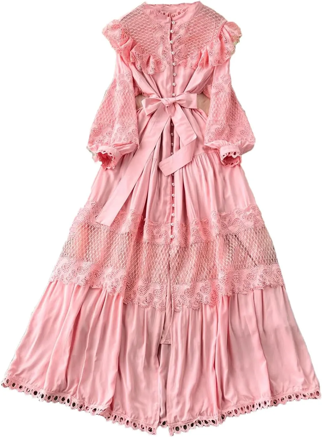 Fashion Lace Ruffles Long Dress for Women Casual Hollow Out Stand Full Sleeve Lace-Up Single Breasted Dresses