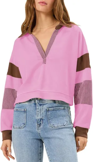 Fisoew Women's Long Sleeve Crop Tops Polo V Neck Color Block Casual Loose Pullover Cropped Sweatshirt