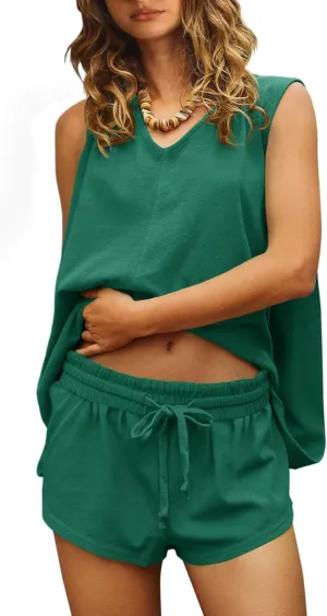 Fisoew Women's Summer 2 Piece Outfits Short Sets Loose V Neck T Shirts Casual Shorts Tracksuit Lounge Sets
