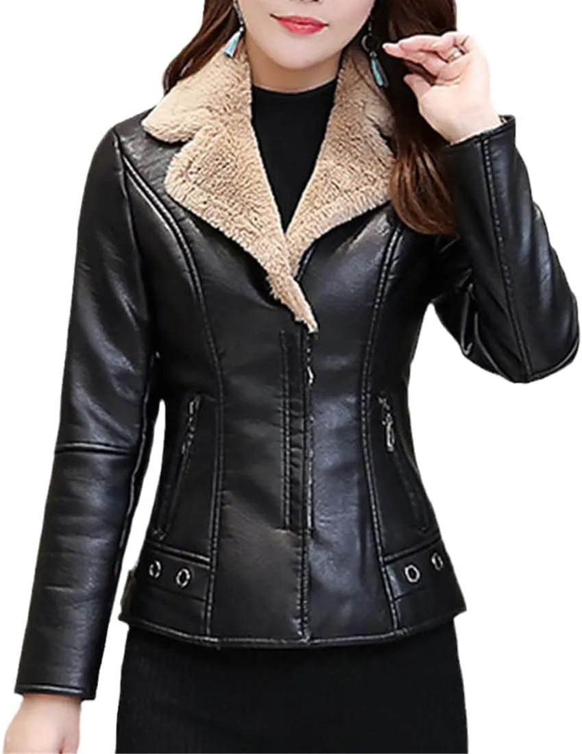 Fjnbbiot Autumn Winter Warm Faux Fur Coat Women Leather Jacket Slim Moto Biker Basic Jackets Plush Casual Outerwear