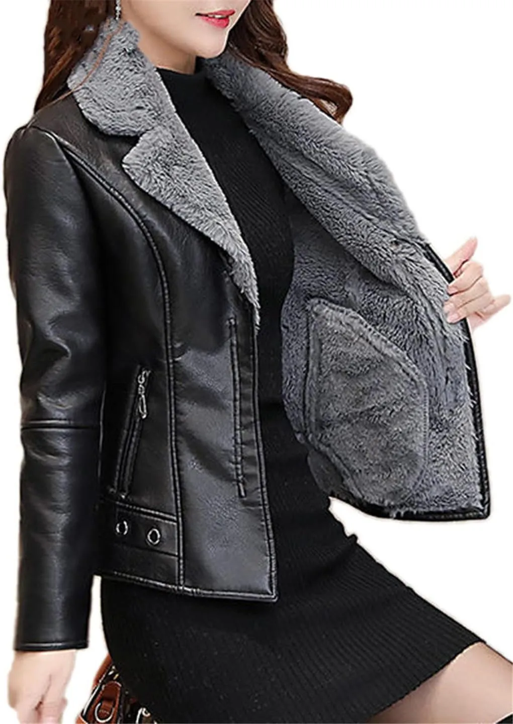 Fjnbbiot Autumn Winter Warm Faux Fur Coat Women Leather Jacket Slim Moto Biker Basic Jackets Plush Casual Outerwear