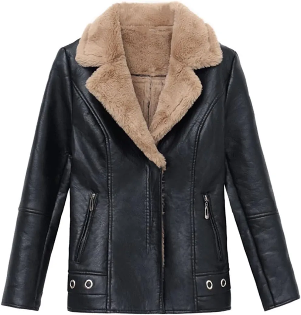 Fjnbbiot Autumn Winter Warm Faux Fur Coat Women Leather Jacket Slim Moto Biker Basic Jackets Plush Casual Outerwear