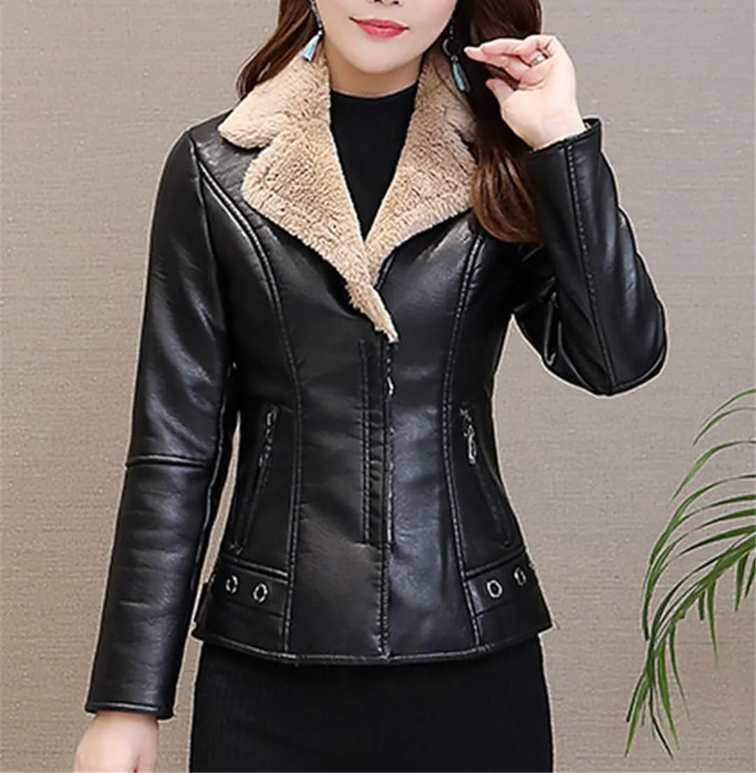 Fjnbbiot Autumn Winter Warm Faux Fur Coat Women Leather Jacket Slim Moto Biker Basic Jackets Plush Casual Outerwear