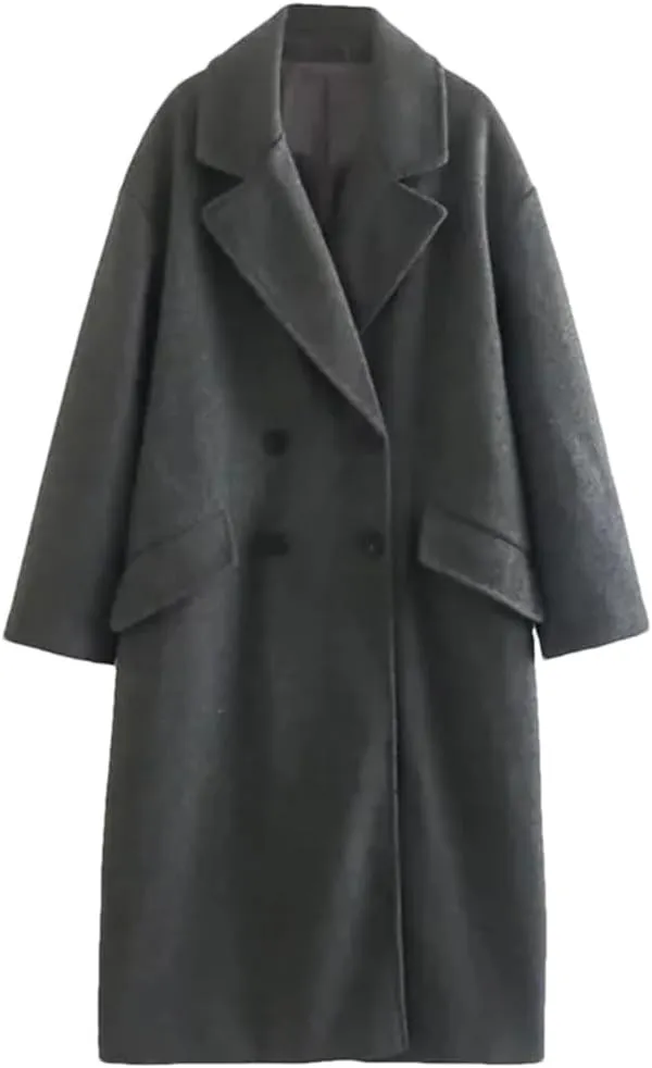 Fjnbbiot Autumn Winter Women's Mid Length Double Breasted Windbreaker Fashion Notched Collar Wool Blend Over Coat