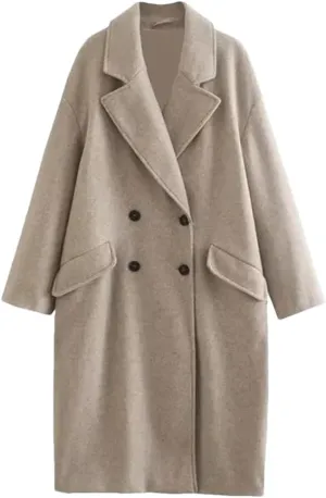 Fjnbbiot Autumn Winter Women's Mid Length Double Breasted Windbreaker Fashion Notched Collar Wool Blend Over Coat