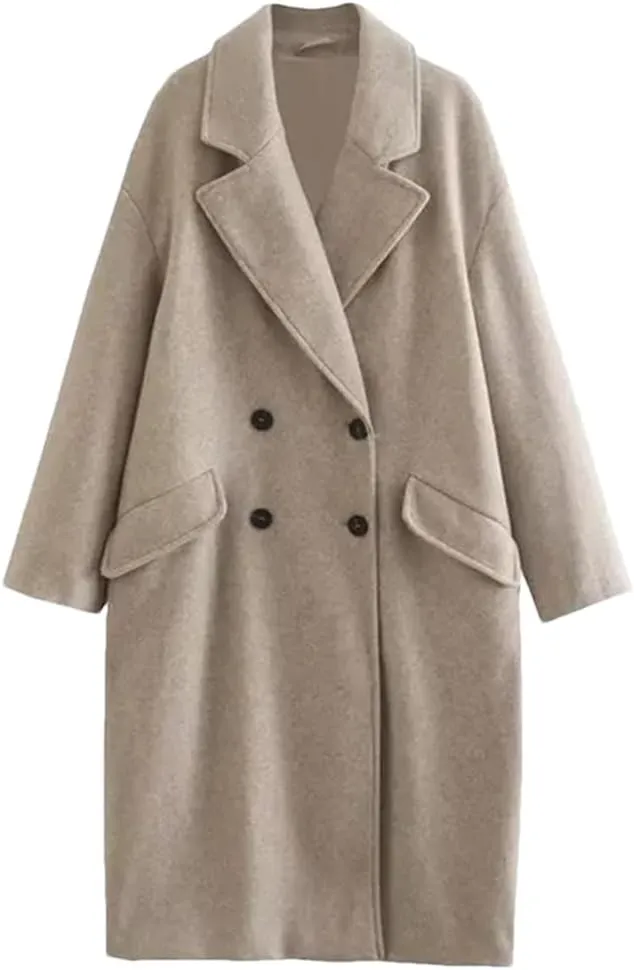 Fjnbbiot Autumn Winter Women's Mid Length Double Breasted Windbreaker Fashion Notched Collar Wool Blend Over Coat