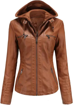 Fjnbbiot Faux Leather Jacket Women Spring Autumn Hooded Moto Biker Zipper Jacket Outerwears