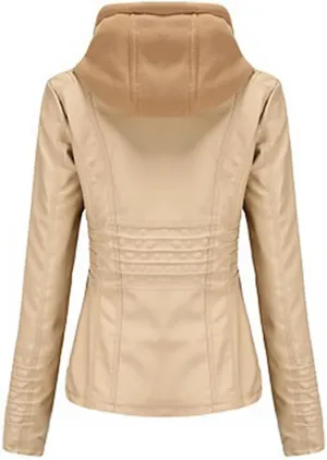 Fjnbbiot Faux Leather Jacket Women Spring Autumn Hooded Moto Biker Zipper Jacket Outerwears