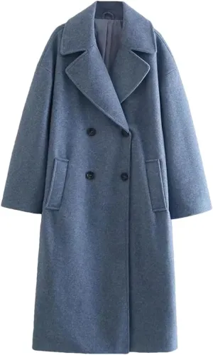Fjnbbiot Women Winter Thick Woolen Coats With Loose Long Sleeves Elegant Notched Collar Double Breasted Wool Blend Over Coat