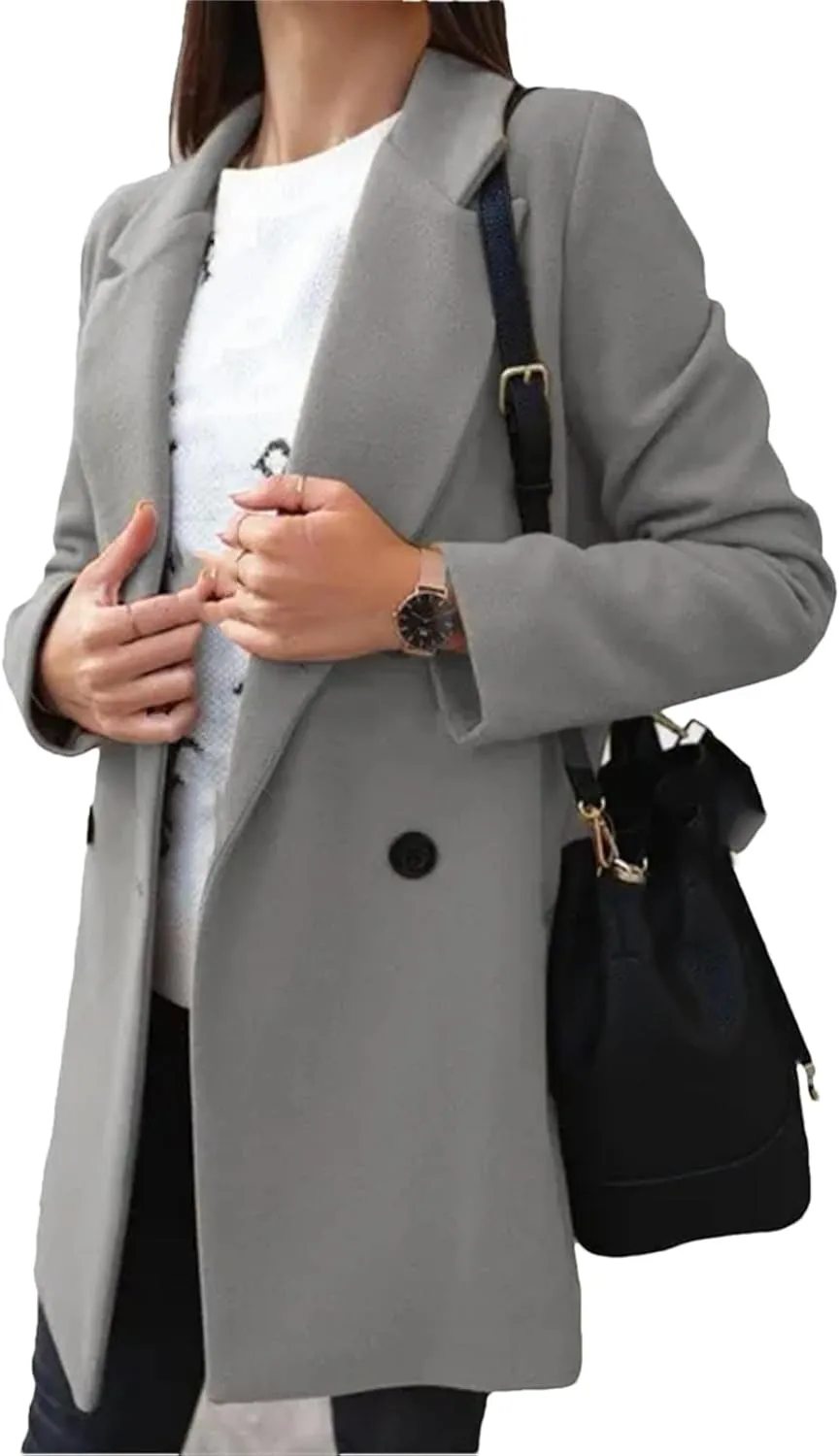 Fjnbbiot Women Wool Coat Coat Winter Elegant Notched Collar Double Breasted Wool Blend Over Solid Color Pea Coat