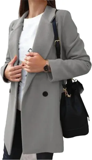 Fjnbbiot Women Wool Coat Coat Winter Elegant Notched Collar Double Breasted Wool Blend Over Solid Color Pea Coat